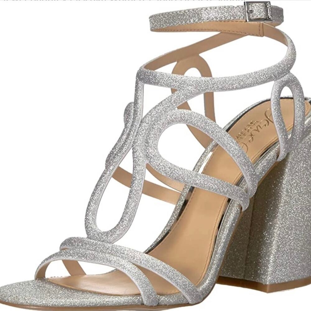 Badgley Mischka Sheri Silver Glitter Strappy Heeled Sandals. NEW